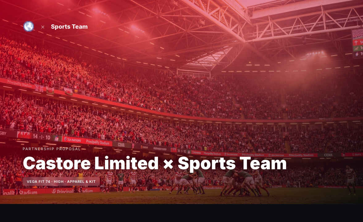 A branded pitch deck title slide with full-bleed stadium imagery